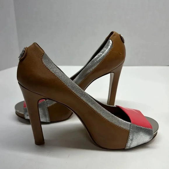 Tory Burch Runway Cluny High Heel Shoes Pumps Open Toe Leather Brown Pink 9.5 - Picture 10 of 14